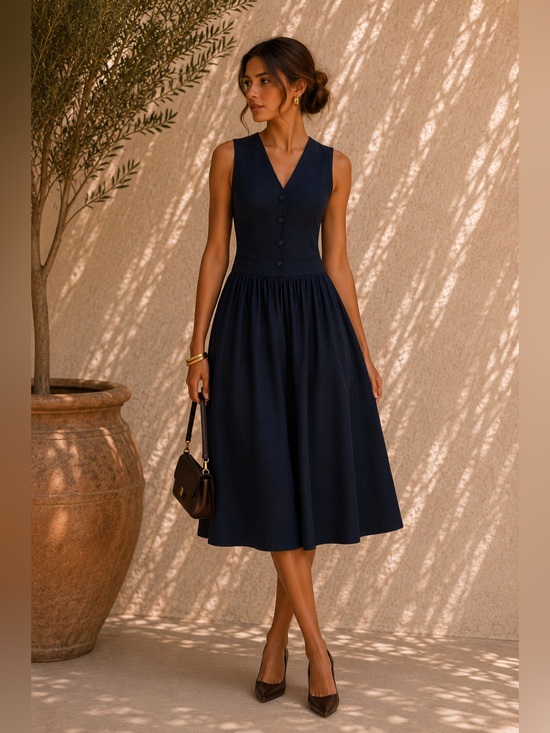 Commense Dresses & Skirts - Commense Blue Denim V-Neck Ruched Midi Dress M | Fall Denim Dress